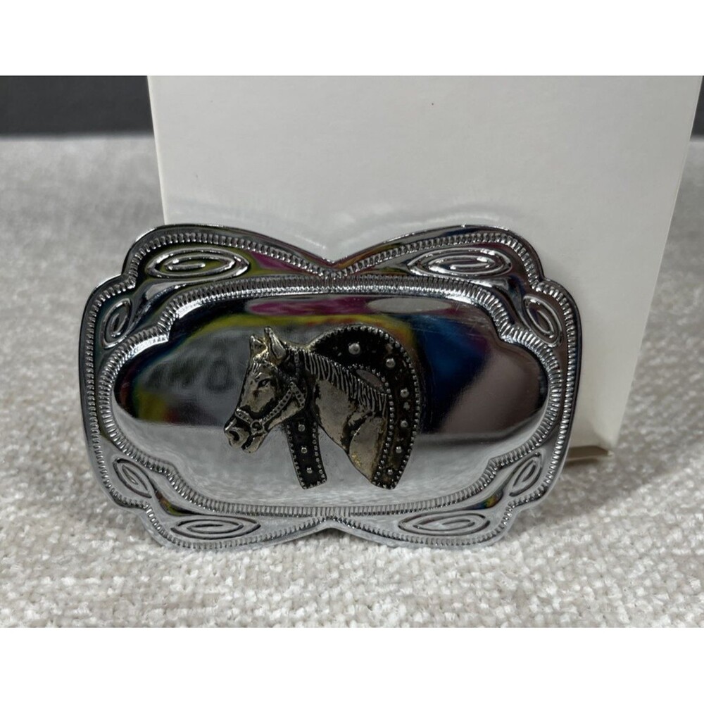 Horse Head Belt Buckle Lucky Horseshoe Chrome Brass Western Vintage